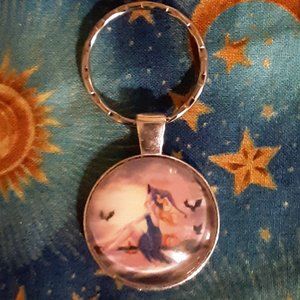 Witch On Broom Vintage Style Photo Cabochon Key Ring With Necklace Chain